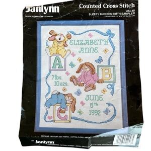 VTG Janlynn Counted Cross Stitch Sleepy Bunnies Birth Sampler #54-48 11x14 READ